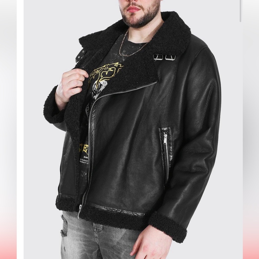 BoohooMAN Black Faux Leather Shearling Aviator Jacket Zip Up Men’s Large